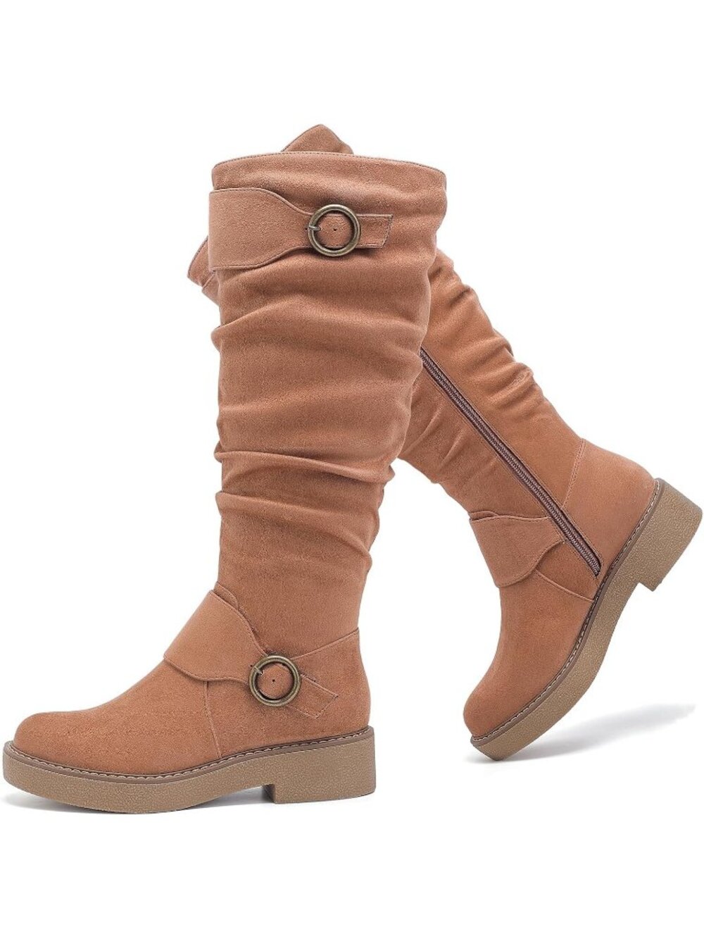 Women's Tan Knee High Boots Slouchy Casual Fashion Boots Side Zip Round Toe